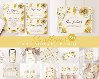 Edytowalny pakiet zaproszeń na baby shower z motywem słonecznika, gry (do pobrania cyfrowego) SUNFBS001