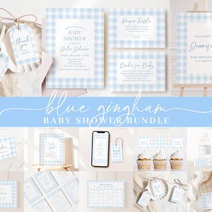 Editable Blue Gingham Baby Shower Invitations Bundle, Baby Blue Boy Bundle Set with Games Bundle and Blue Shower Decorations BGHBS002