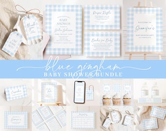 Editable Blue Gingham Baby Shower Invitations Bundle, Baby Blue Boy Bundle Set with Games Bundle and Blue Shower Decorations BGHBS002