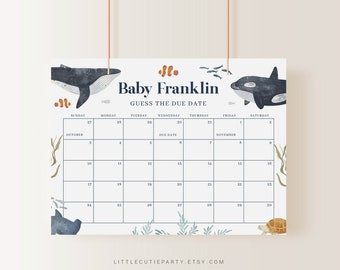 Ocean Baby Shower Due Date Calendar, Editable Under the Sea Game (Digital Download) OCENBS002