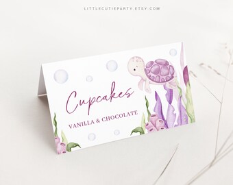 Editable Pink Ocean Girl Food Labels, Food Tent cards, Food Tags, Folded Food Cards for Under the Sea Pink Baby Shower Party OCNPBS001