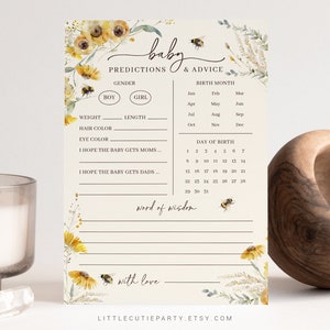 Editável O que será o cartão de previsões e conselhos do bebê Bee Baby, cartão de previsão do bebê, festa de revelação de gênero, ele ou ela, menino ou menina BEEGR001