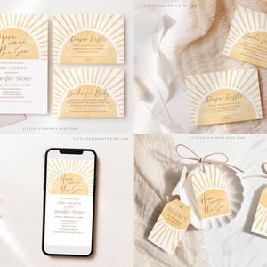 May include: A set of printable baby shower invitations with a sunburst design and the text "Here comes the sun". The invitations are in yellow and gold with a white background. The text "Baby Shower" and "Jennifer Stone" are also included on the invitations.