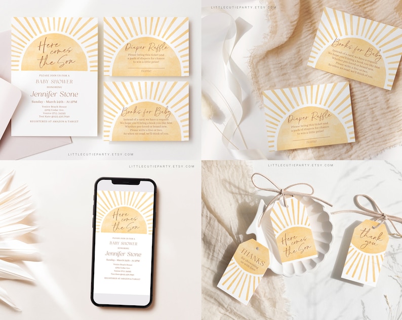 May include: A set of printable baby shower invitations with a sunburst design and the text "Here comes the sun". The invitations are in yellow and gold with a white background. The text "Baby Shower" and "Jennifer Stone" are also included on the invitations.