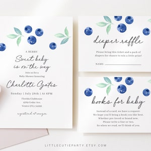 Editable Blueberry Baby Shower Invitation, Blueberry Baby Shower Invite, Berry with Diaper Raffle, Books for Baby and Gift Tag BLUEBS001