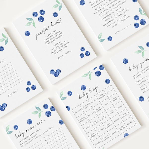 Juegos para Baby Shower con temática de arándanos, 10 juegos editables para fiestas (Descarga digital) BLUEBS001