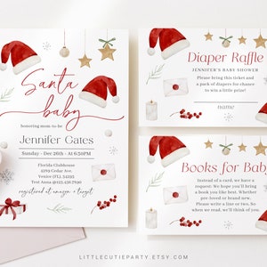 Peut inclure: Ensemble de faire-part et de cartes de baby shower sur le th&egrave;me de No&euml;l. Le design pr&eacute;sente des illustrations &agrave; l'aquarelle de bonnets de P&egrave;re No&euml;l, d'&eacute;toiles et de baies. L'invitation comprend le texte "Santa baby".