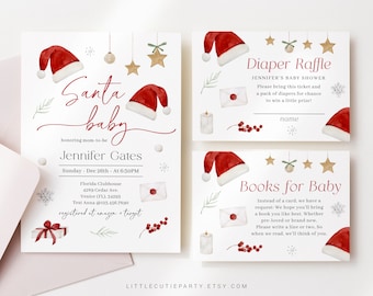 Op de afbeelding: Een set kerst-thema baby shower uitnodigingen en kaarten. Het ontwerp bevat aquarel illustraties van kerstmutsen, sterren en bessen. De uitnodiging bevat de tekst "Santa baby" en evenement details.
