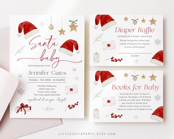 Editable Santa Baby Shower Invitation Set (Digital Download) SNTBS001