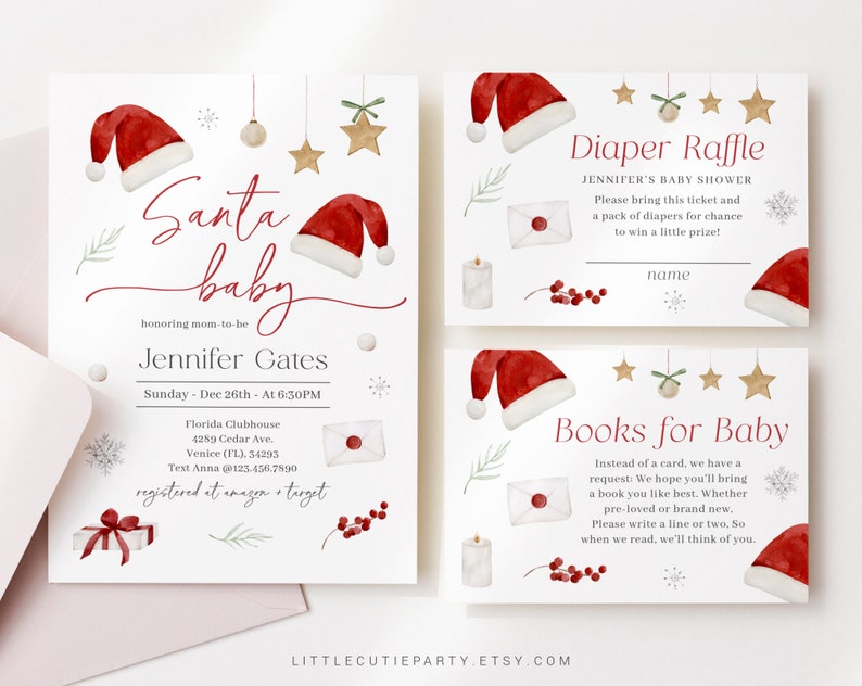 Peut inclure: Ensemble de faire-part et de cartes de baby shower sur le th&egrave;me de No&euml;l. Le design pr&eacute;sente des illustrations &agrave; l'aquarelle de bonnets de P&egrave;re No&euml;l, d'&eacute;toiles et de baies. L'invitation comprend le texte "Santa baby".