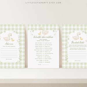 May include: Three printable baby shower game cards with a green and white gingham background. The cards feature a watercolor illustration of a duck and a duckling. The first card is titled "Advice for the New Parents". The second card is titled "Would She Rather" and has a list of questions for guests to answer. The third card is titled "Bucket List" and has a space for guests to write down their ideas for the new parents.