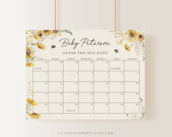 May include: A printable baby shower game with a floral design featuring sunflowers and bees. The game is called "Guess the Due Date" and includes a calendar with August and September dates.