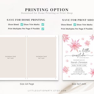 Puede incluir: Tarjeta de invitaci&oacute;n imprimible para un baby shower con un dise&ntilde;o de copo de nieve rosa. El texto dice "&iexcl;Un peque&ntilde;o copo de nieve est&aacute; en camino!" e incluye el nombre "Sarah Christian". La tarjeta est&aacute; disponible en tama&ntilde;o 5x7 pulgadas y A4.