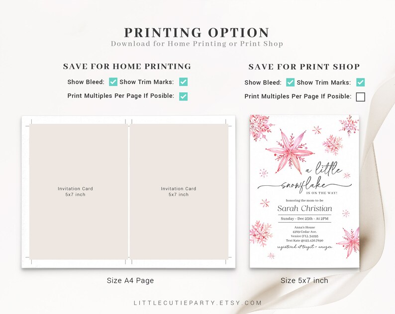 Puede incluir: Tarjeta de invitaci&oacute;n imprimible para un baby shower con un dise&ntilde;o de copo de nieve rosa. El texto dice "&iexcl;Un peque&ntilde;o copo de nieve est&aacute; en camino!" e incluye el nombre "Sarah Christian". La tarjeta est&aacute; disponible en tama&ntilde;o 5x7 pulgadas y A4.
