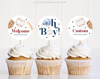 Editable Baseball Babyshower Cupcake Toppers Template, Baseball Baby Shower Decorations BSBBS001