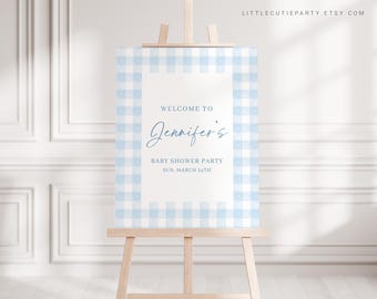 Editable Blue Gingham Baby Shower Welcome Sign, Blue Baby Shower Sign, Welcome Board, Welcome Template Shower Decoration BGHBS002