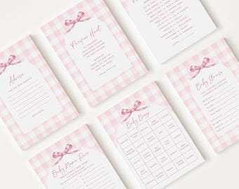 10 Editable Pink Gingham Baby Shower Games, Baby Girl Shower Games Bundle, Pink Bow Baby Game Bundle Set Neutral Baby Shower Games PGHBS001