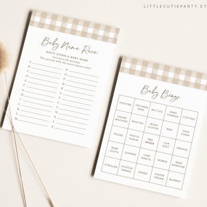 May include: Two printable baby shower game cards with a brown and white gingham pattern. The first card is a baby name race game with instructions to write down a baby name for each letter of the alphabet. The second card is a baby bingo game with a grid of squares containing baby-related items such as pacifier, teething ring, bottles, baby powder, clothes, sound machine, booties, wash clothes, bibs, high chair, socks, photo album, fill in space, car seat, onesies, burp cloth, diapers, crib sheets, mobile, baby monitor, stroller, stuffed animal, swing, diaper cream, and blanket.