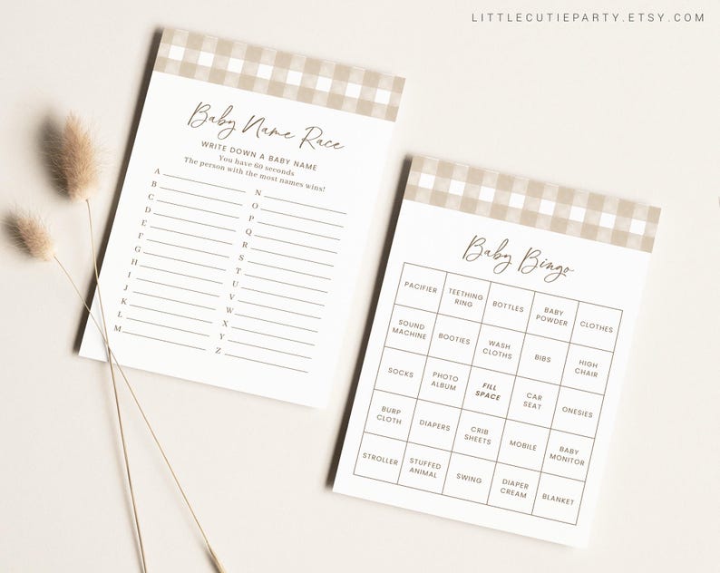 May include: Two printable baby shower game cards with a brown and white gingham pattern. The first card is a baby name race game with instructions to write down a baby name for each letter of the alphabet. The second card is a baby bingo game with a grid of squares containing baby-related items such as pacifier, teething ring, bottles, baby powder, clothes, sound machine, booties, wash clothes, bibs, high chair, socks, photo album, fill in space, car seat, onesies, burp cloth, diapers, crib sheets, mobile, baby monitor, stroller, stuffed animal, swing, diaper cream, and blanket.