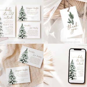 May include: A collection of baby shower stationery with a winter theme. Includes invitation cards, a diaper raffle card, and a book request card, all featuring a snowy evergreen tree design. A thank you tag and a phone screen with the invitation are also shown.