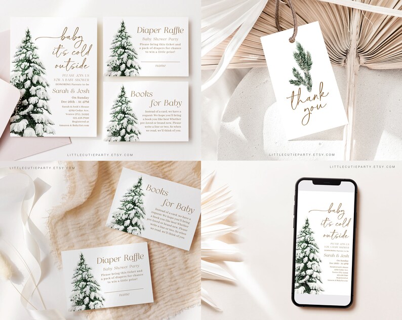 May include: A collection of baby shower stationery with a winter theme. Includes invitation cards, a diaper raffle card, and a book request card, all featuring a snowy evergreen tree design. A thank you tag and a phone screen with the invitation are also shown.