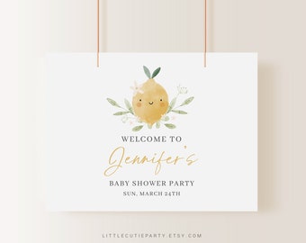 Toile de fond modifiable pour baby shower citron, panneau de baby shower agrumes, bannière pour panneau de bienvenue de baby shower de citron LMNBS002