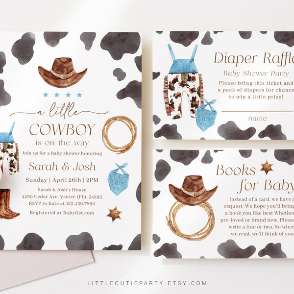 Editable Cowboy Baby Shower Invitation, A Little Cowboy is On the Way Baby Shower Invites, Diaper Raffle, Books for Baby and Tag CWBBS001