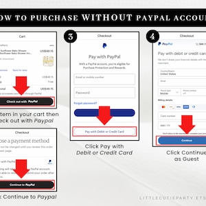 Puede incluir: Una gu&iacute;a paso a paso sobre c&oacute;mo comprar un art&iacute;culo en Etsy sin una cuenta de PayPal. La gu&iacute;a muestra c&oacute;mo agregar un art&iacute;culo a su carrito, pagar con PayPal, elegir un m&eacute;todo de pago y pagar con una tarjeta de d&eacute;bito o cr&eacute;dito. La gu&iacute;a tambi&eacute;n muestra c&oacute;mo hacer clic en continuar como invitado.