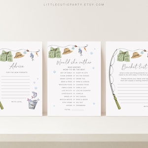 May include: Three printable cards for a baby shower. The cards are decorated with a fishing theme and have the words "Advice", "Would she rather", and "Bucket list" on them. The cards are designed to be filled out by guests.