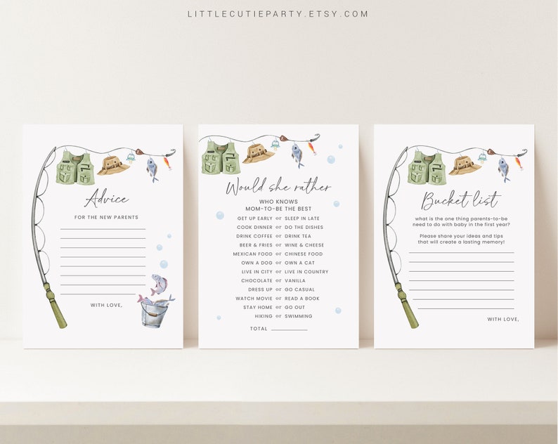 May include: Three printable cards for a baby shower. The cards are decorated with a fishing theme and have the words "Advice", "Would she rather", and "Bucket list" on them. The cards are designed to be filled out by guests.