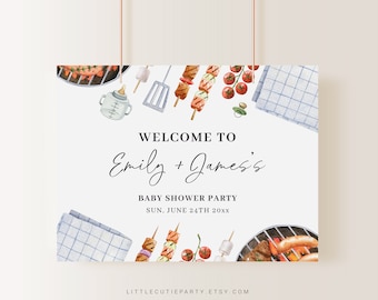 Telón de fondo editable de barbacoa para baby shower, banner de baby shower para barbacoa, letrero de ducha para BabyQ Banner, signo de bienvenida BBQBS001