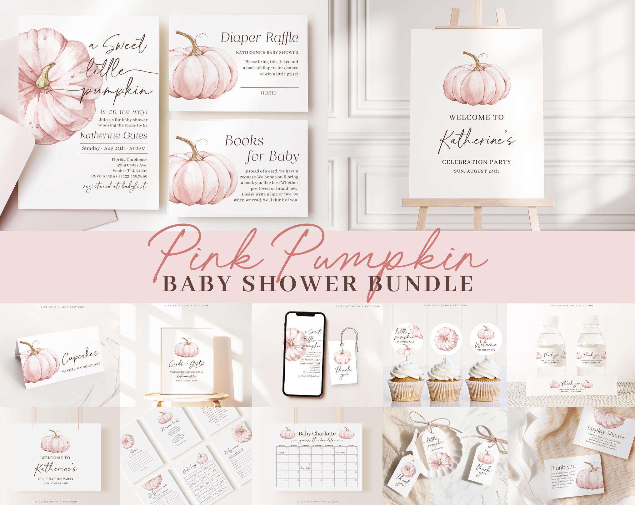 Bearbeitbares Pink Kürbis-Babyparty-Einladungspaket, kleiner Kürbis ist mit dem Spielepaket unterwegs und Pink Falldusche Dekoration PPKBS002