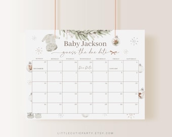 May include: A rectangular baby shower calendar with the text "Baby Jackson guess the due date." The calendar features a grid for tracking dates, with decorative elements like snowflakes and ornaments. The bottom of the calendar reads "LITTLECUTIEPARTY.ETSY.COM."