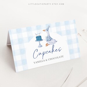 Editable Blue Goose Food Labels, Food Tent cards, Folded Food Cards for One Silly Goose Birthday Boy Decorations Theme GOSBD002
