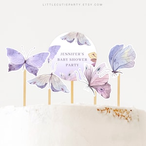 Editable Butterfly Baby Shower Cake Topper, Purple Butterfly Cupcake Topper for Baby Shower Party BTFBS002