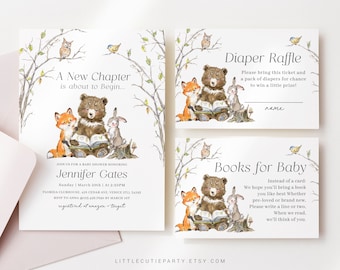 Editable Storybook Baby Shower Invitation Set, Chapter Book Invite, Story Book Shower with Diaper Raffle, Books for Baby and Tag STBBS001