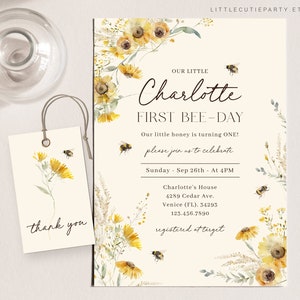 Editable Bee First Birthday Invitation, First Bee Day Invitations, Bee Birthday Invitations with Bee Favor Gift Tag BEEBD001