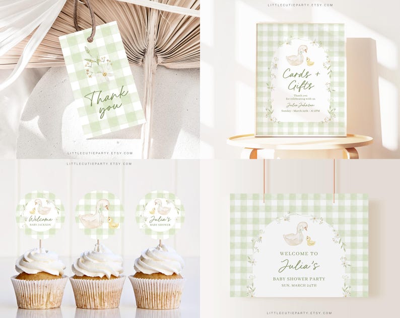 K&ouml;nnte beinhalten: Gr&uuml;nes und wei&szlig;es Gingham-Babyparty-Druckset mit einem Enten- und K&uuml;ken-Design. Das Set enth&auml;lt ein Willkommens-Schild, Cupcake-Topper, ein Dankesch&ouml;n-Etikett und ein Karten- und Geschenkeschild. Der Text auf den Schildern lautet "Willkommen zur Babyparty von Julia Sun March 5th" und "Karten + Geschenke Vielen Dank, dass Sie uns mit Liebe &uuml;bersch&uuml;ttet haben Julia Johnson Sun March 5th, 2023".