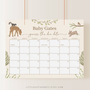 Editable Woodland Baby Shower Calendar, Woodland Due Date Calendar, Baby Shower Due Date Calendar Games for Shower Party WOOD001