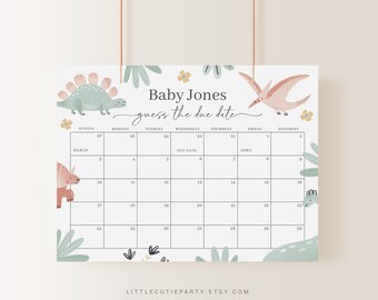 Editable Dinosaur Baby Shower Calendar, Dinosaur Due Date Calendar, Dinosaur Due Date Calendar Games for Shower Party DINOBS001