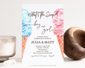 Könnte beinhalten: Einladung zur Geschlechtsaufdeckung mit blau-rosa Aquarell-Eistüten. Der Text lautet "What's the Scoop? boy or girl" und enthält Veranstaltungsdetails für Julia & Matt, einschließlich Datum, Uhrzeit und Ort.