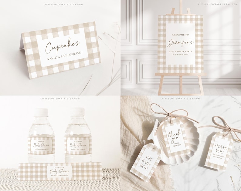 K&ouml;nnte beinhalten: Ein Set druckbarer Babyparty-Dekorationen in einem beige-wei&szlig;en Karomuster. Das Set beinhaltet ein Willkommens-Schild, Cupcake-Etiketten, Wasserflaschen-Etiketten, Geschenkanh&auml;nger und ein Dankesch&ouml;n-Anh&auml;nger. Der Text auf dem Willkommens-Schild lautet "Willkommen zur Babyparty von Jennifer". Die Cupcake-Etiketten lauten "Cupcakes Vanille & Schokolade". Die Wasserflaschen-Etiketten lauten "Babyparty". Die Geschenkanh&auml;nger lauten "Oh Baby Boy!" und "Danke".
