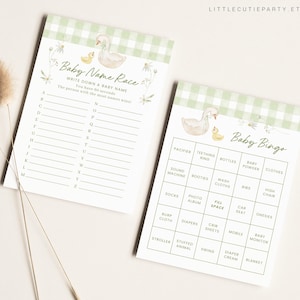 May include: Two printable baby shower game cards with a green and white gingham pattern. The first card is a baby name race game with a list of letters A-Z. The second card is a baby bingo game with a list of baby-related items.
