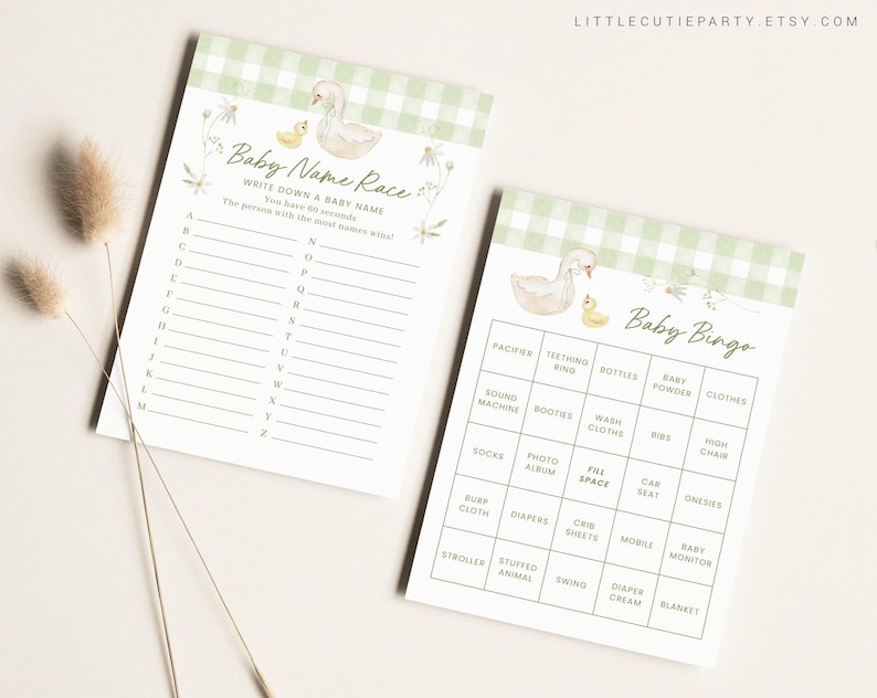 May include: Two printable baby shower game cards with a green and white gingham pattern. The first card is a baby name race game with a list of letters A-Z. The second card is a baby bingo game with a list of baby-related items.