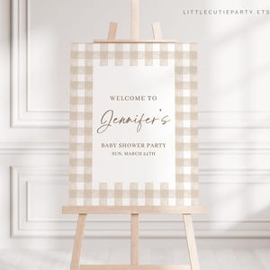 Placa de boas-vindas para chá de bebê bege editável, placa de chá de bebê xadrez marrom, quadro de boas-vindas, modelo de boas-vindas neutro em termos de gênero NGHBS001