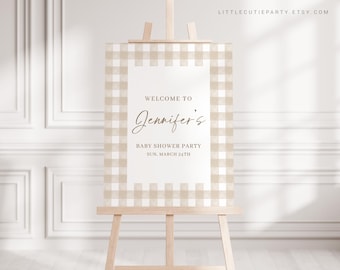 Editable Beige Baby Shower Welcome Sign, Brown Gingham Baby Shower Sign, Welcome Board, Gender Neutral Welcome Template NGHBS001