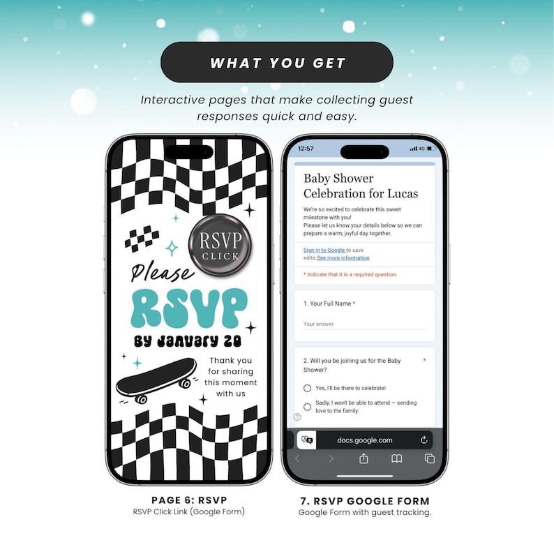 May include: Two smartphones displaying RSVP information. One phone shows a checkered design with "Please RSVP by January 20" and a skateboard graphic. The other phone shows a baby shower invitation form with fields for guest details.