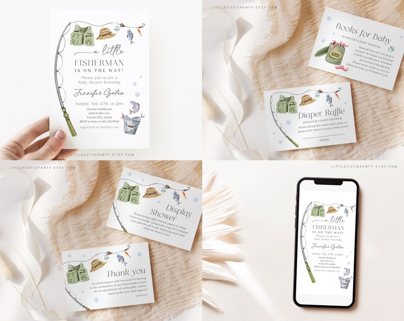 Editable A Little Fisherman Baby Shower Invitation Bundle, Fishing Baby Shower Invite Set with Game Bundle and Fisherman Decoration LFMBS001 image 4