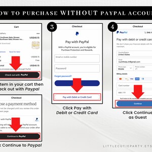 May include: A step-by-step guide on how to purchase an item on Etsy without a PayPal account. The guide shows how to check out with PayPal, choose a payment method, and pay with a debit or credit card. The guide also shows how to click continue as a guest.