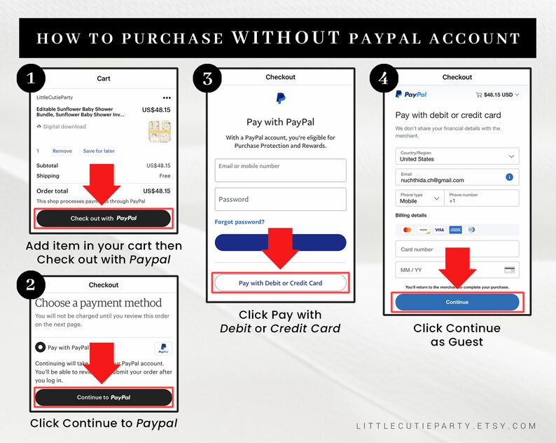 May include: A step-by-step guide on how to purchase an item on Etsy without a PayPal account. The guide shows how to check out with PayPal, choose a payment method, and pay with a debit or credit card. The guide also shows how to click continue as a guest.